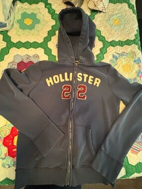 Hollister Navy Hooded Zip Sweatshirt with Patch Detail